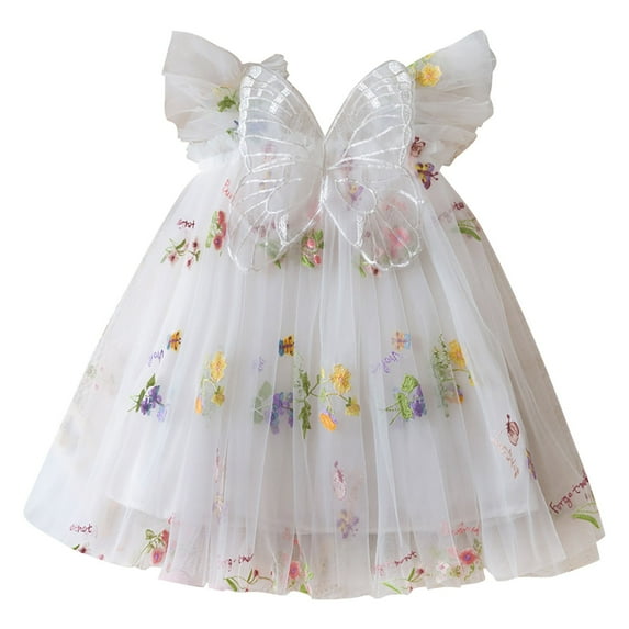 PINQI Toddler Baby Girl Ruffle Dresses Baby Princess Dresses Summer Butterfly Wing Dress Lace Casual Short Sleeve Sun-dress (White-A,4-5 Years)