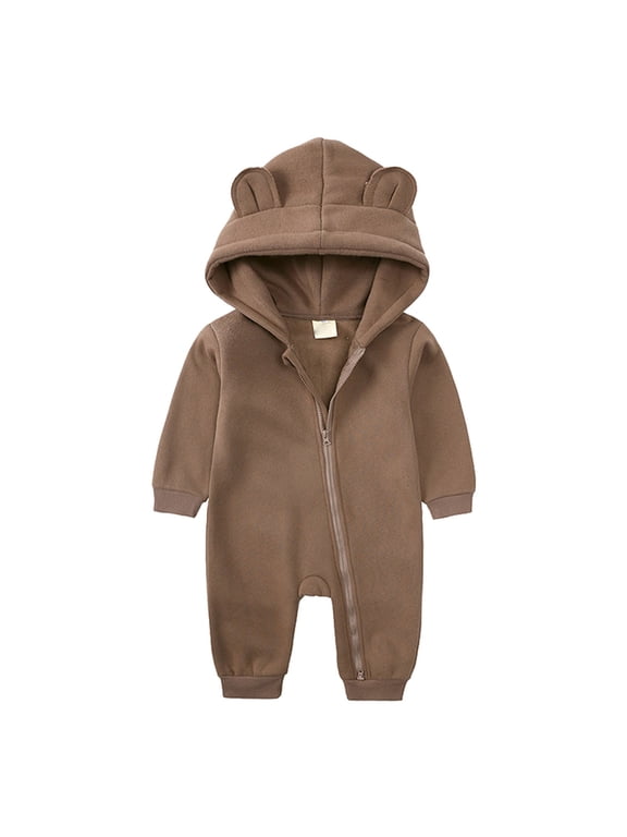 Toddler Boys Girls Solid Color Cloud Fashion Zipper Hooded Short Ear Romper Crawling Suit Baby Cute Hooded Pocket Jumpsuit(3-Brown,3-6 Months)