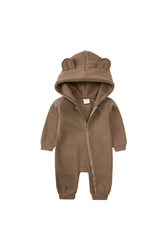 Toddler Boys Girls Solid Color Cloud Fashion Zipper Hooded Short Ear Romper Crawling Suit Baby Cute Hooded Pocket Jumpsuit(3-Brown,3-6 Months)