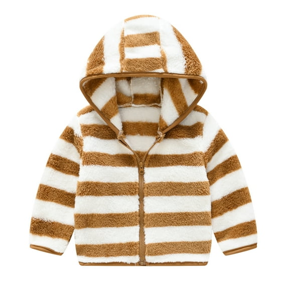 PINQI Toddler Cartoon Tops Toddler Boys Girls Winter Long Sleeve Fashion Stripe Thick Warm Hooded Tops Soft Coat Zipper Jacket