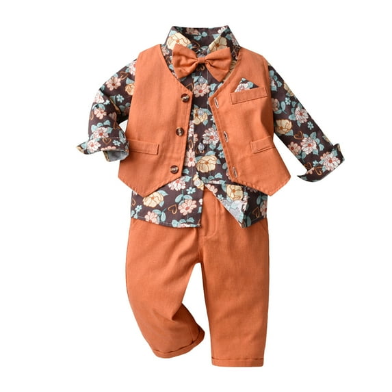 PINQI Toddler Casual Clothes Set for Spring Fall Summer Toddler Boys Long Sleeve Floral Prints T Shirt Tops Vest Coat Pants Child Kids Gentleman Outfits(B-F,6-12 Months
