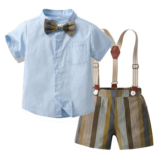 PINQI Toddler Casual Outfits Set Children's Boys Summer Suit Short Sleeved Colorful Shirt with Bow Tie Shorts Performance Suit Gentleman Suit(b-E,2-3 Years