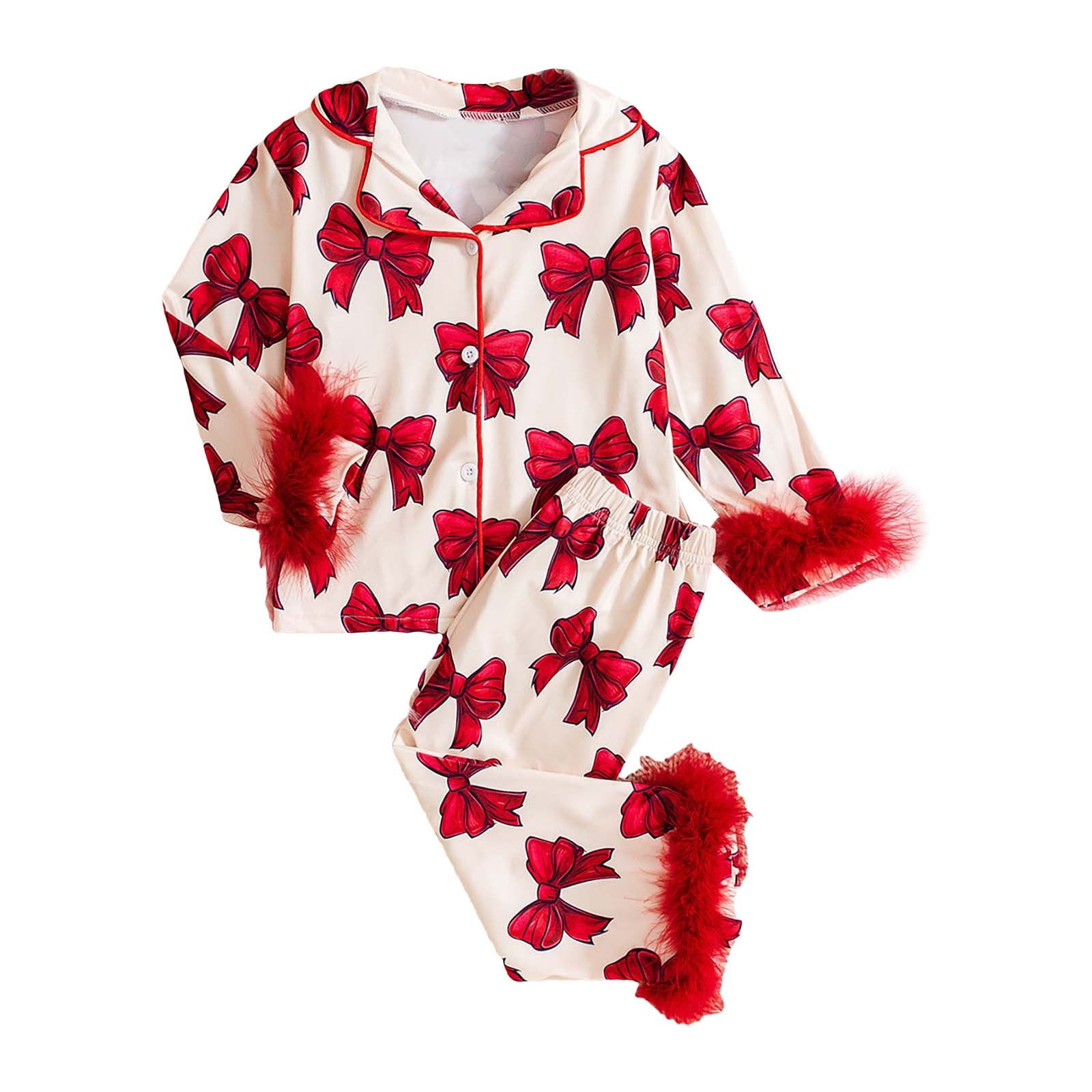 PINQI Toddler Girls Button Down Pajamas Set Cute Bow Print Feather Trim ...
