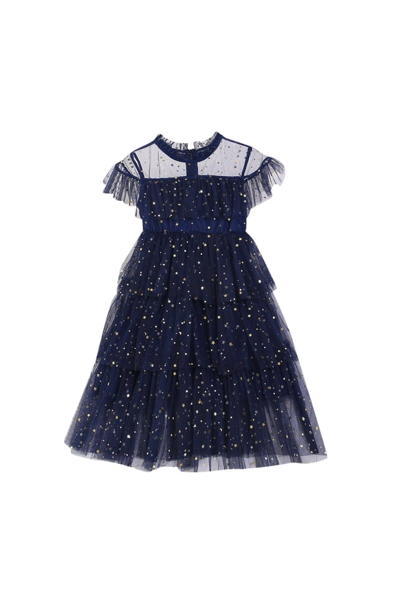 Toddler Girls Fly Sleeve Star Moon Paillette Princess Dress Little Girls Dance Ruffles Dresses Clothes Short Sleeve Holiday Dress(1-Blue,7-8 Years)