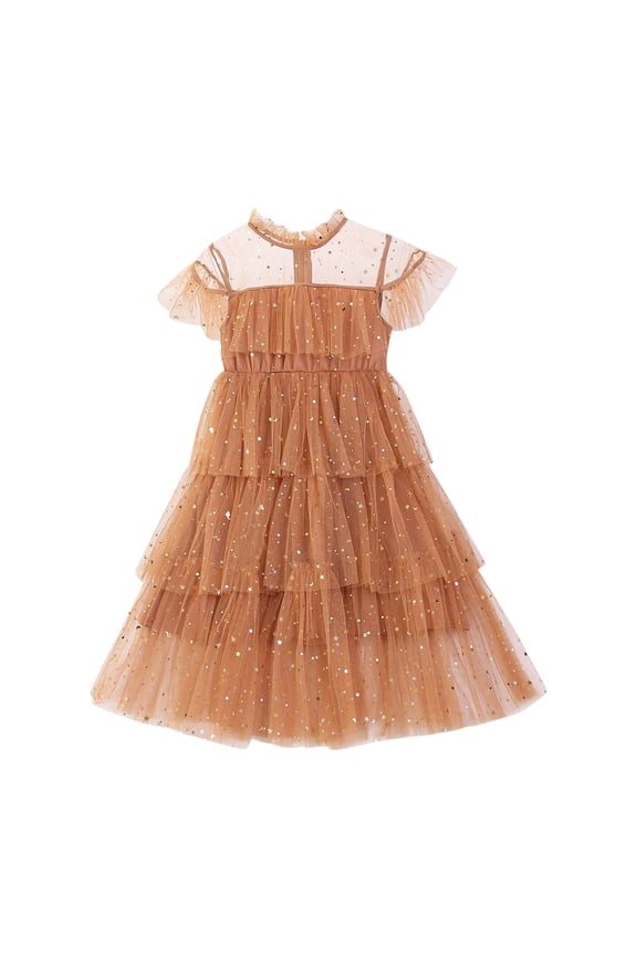 Toddler Girls Fly Sleeve Star Moon Paillette Princess Dress Little Girls Dance Ruffles Dresses Clothes Short Sleeve Holiday Dress(1-Brown,4-5 Years)