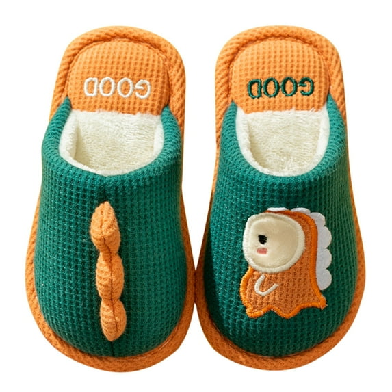 PINQI Unisex Child Home Slippers Kids Shoes House Slippers Bedroom Home Slippers Cute Dinosaur Cotton Slippers Winter Indoor Outdoor Slippers for Boys Girls(Green,9-9.5 Years)