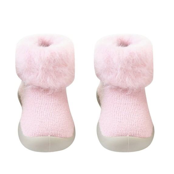 PINQI Unisex Child Warm Slippers Socks Slipper Baby Girls Kids Solid Knit Stocking Soft Warm Shoes Toddler Boys Sole Rubber Baby Shoes(Pink,9-12 Months)
