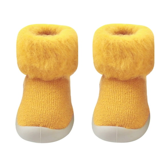 PINQI Unisex Child Warm Slippers Socks Slipper Baby Girls Kids Solid Knit Stocking Soft Warm Shoes Toddler Boys Sole Rubber Baby Shoes(Yellow,9-12 Months)