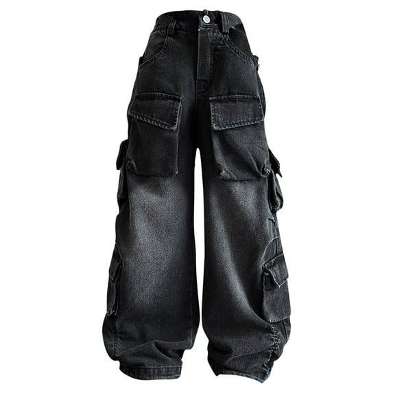 PINQI Vintage Jeans for Kids Girls Baggy Jeans High Waist Pants Wide Leg Denim Pants Hiphop Streetwear with Pocket for Teen Girls 5-16 Years(Black,5-6 Years)