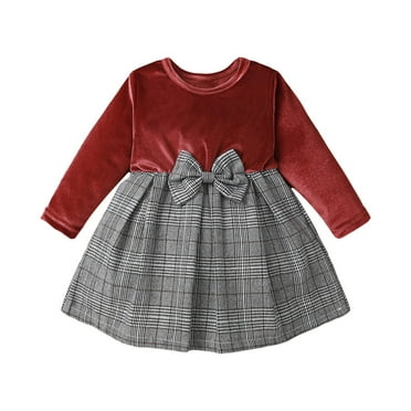 PINQI Wedding Sundress for Little Girls Knee-Length Dresses Toddler Girl Long Sleeve Solid Color Mesh Print Baby Dress Bow for 3 To 24 Months
