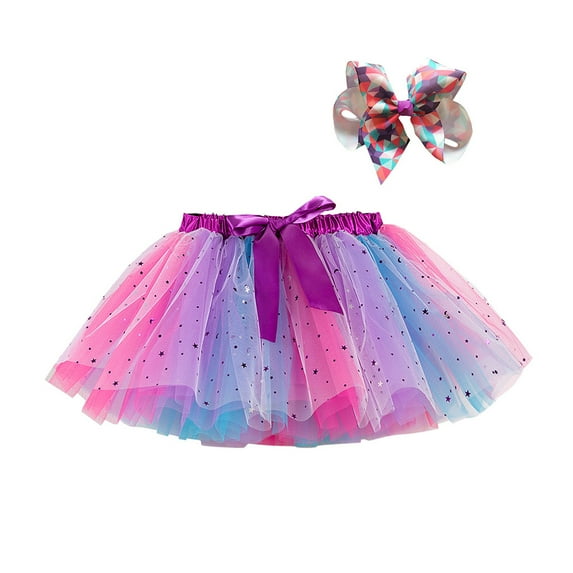 PINQI Workout Shorts for Child Kids Girls Party Dance Ballet Splice Rainbow Tulle Skirt+Bow Hairpin Fairy Dancing Tutu Skirts