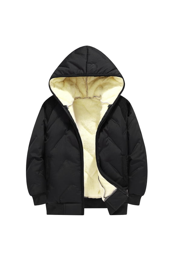 Youth Kids Fleece-Lined down Jackets Zip up Hooded Fuzzy Warm Coats Boys Winter Windproof Lightweight Outwear Clothes