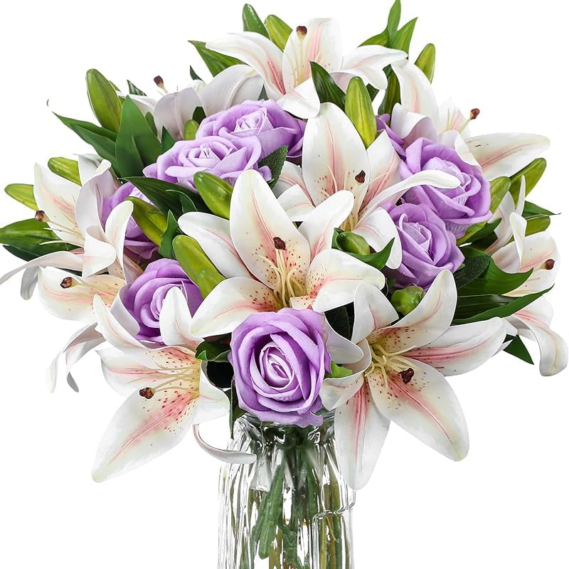 PINSAI Artificial Flowers Velvet Realistic Red Roses and Latex Lilies Flowers Bouquet Decorations Flower Arrangements for Mother's Day Wedding Party Bouquet Table