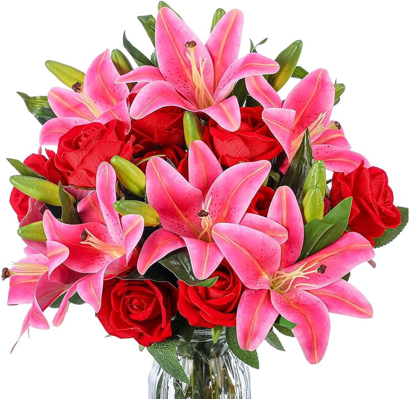 PINSAI Artificial Flowers Velvet Realistic Red Roses and Latex Lilies Flowers Bouquet Decorations Flower Arrangements for Mother's Day Wedding Party Bouquet Table