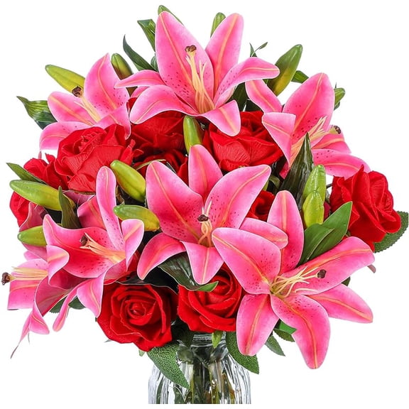 PINSAI Artificial Flowers Velvet Realistic Red Roses and Latex Lilies Flowers Bouquet Decorations Flower Arrangements for Mother's Day Wedding Party Bouquet Table