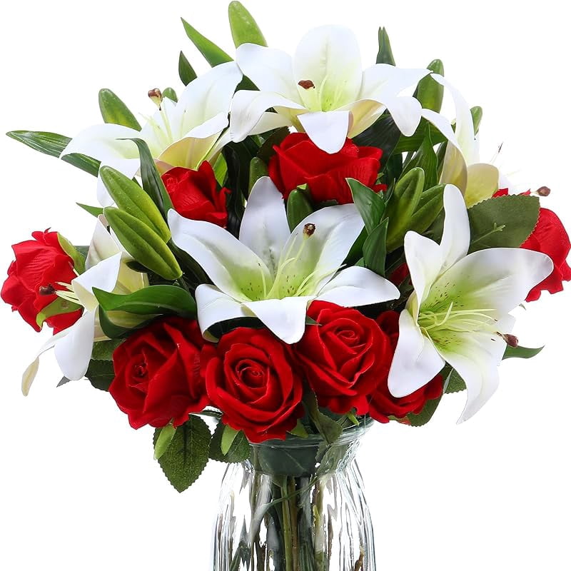PINSAI Artificial Flowers Velvet Realistic Red Roses and Latex Lilies Flowers Bouquet Decorations Flower Arrangements for Mother's Day Wedding Party Bouquet Table
