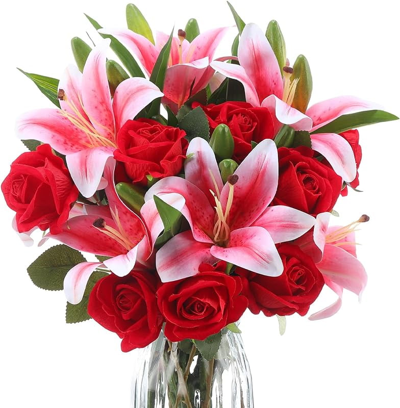 PINSAI Artificial Flowers Velvet Realistic Red Roses and Latex Lilies Flowers Bouquet Decorations Flower Arrangements for Mother's Day Wedding Party Bouquet Table