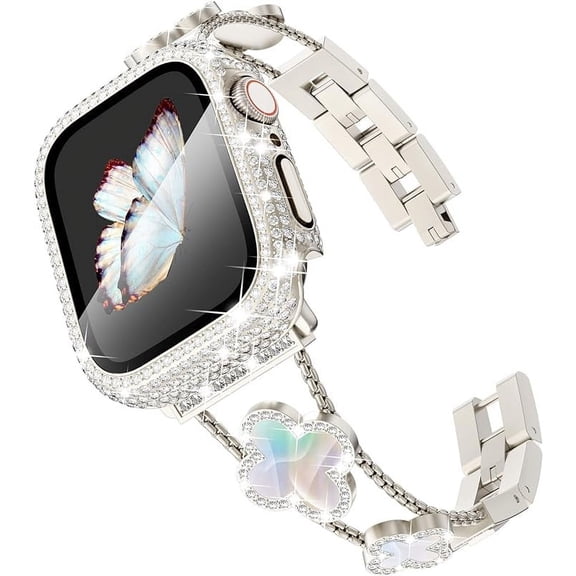 PINSAI Compatible with Gold Apple Watch Bands 40mm for Women, Jewelry Diamond Rhinestone Stainless Steel Metal Wristband Strap with Bling PC Protective Case for iWatch Series