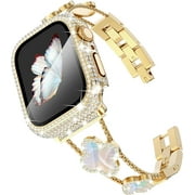 PINSAI Compatible with Gold Apple Watch Bands 40mm for Women, Jewelry Diamond Rhinestone Stainless Steel Metal Wristband Strap with Bling PC Protective Case for iWatch Series