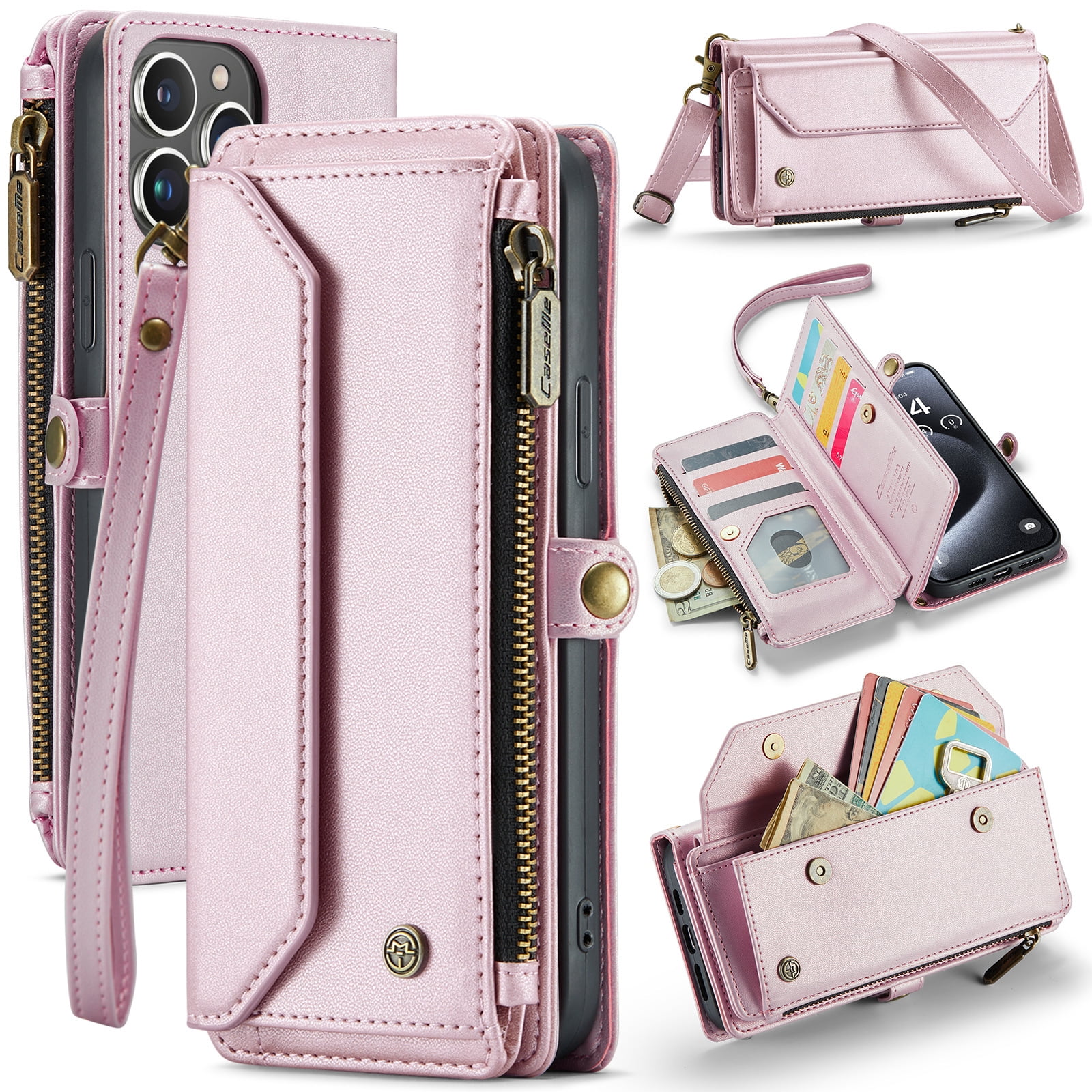 PINSAI Crossbody iPhone 13 Wallet Case with 7-Card Holder Zipper Bills Slot, Soft PU Leather Magnetic Flip Wristlet Shoulder Strap Phone Case Wallet for Women,Rose Gold