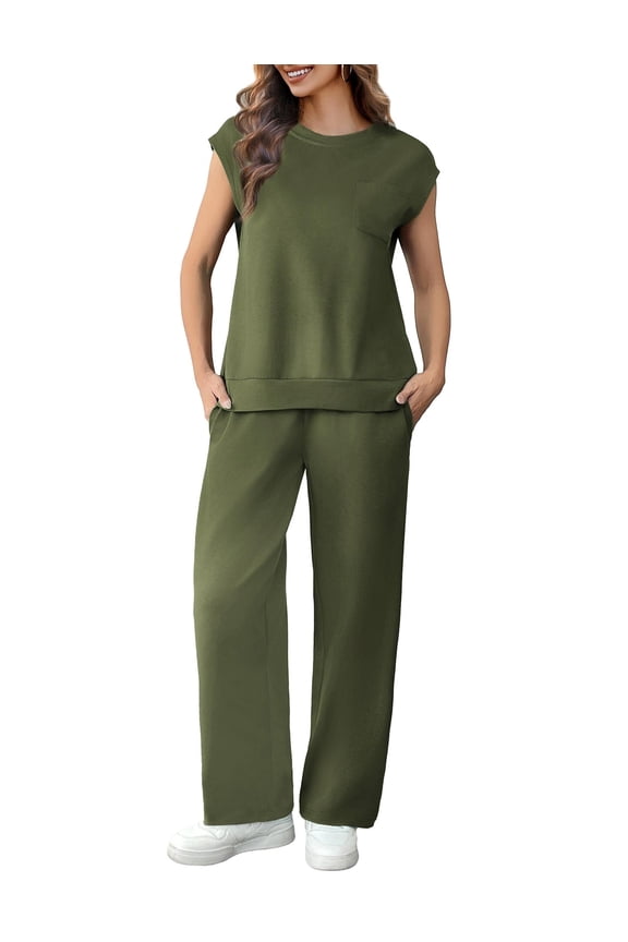 2 Piece Outfits for Women Summer Cap Sleeves Tracksuit Drawstring Wide Leg Pants Sets Soft Lounge Sets