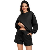 PINSPARK 2 Piece Sets for Women Long Sleeve Sweatsuit Shorts Sets Crew Neck Matching Sets with 4 Pockets Vacation Outfits