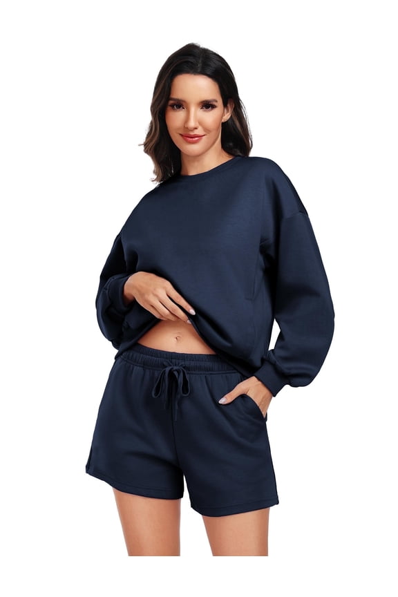 2 Piece Sets for Women Long Sleeve Sweatsuit Shorts Sets Crew Neck Matching Sets with 4 Pockets Vacation Outfits