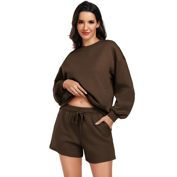 Pinspark 2 Piece Sets for Women Long Sleeve Sweatsuit Shorts Sets Crew Neck Matching Sets with 4 Pockets Vacation Outfits