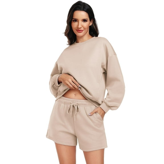 PINSPARK 2 Piece Sets for Women Long Sleeve Sweatsuit Shorts Sets Crew Neck Matching Sets with 4 Pockets Vacation Outfits