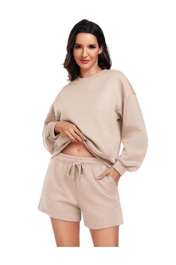 2 Piece Sets for Women Long Sleeve Sweatsuit Shorts Sets Crew Neck Matching Sets with 4 Pockets Vacation Outfits
