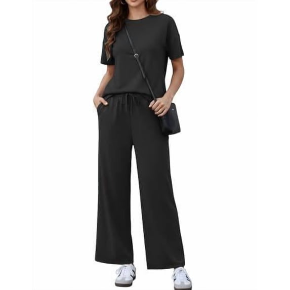 Pinspark 2 Piece Sets for Women Soft Short Sleeve Tracksuit Wide Leg Pants Lounge Matching Set Travel Summer Outfits