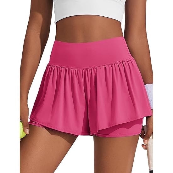 Pinspark Flowy Shorts for Women 2 in 1 Running Workout Gym Athletic Tennis Short High Waisted Active Wear with Pockets