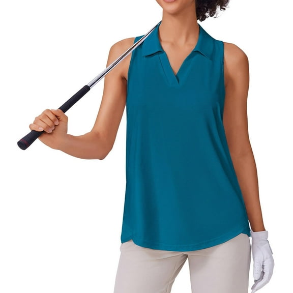 PINSPARK Golf Shirts for Women Sun Protection Tennis Tank Top with Collar V Neck Racerback Athletic T-Shirt Lightweight Workout Tops Sleeveless Yoga Shirt