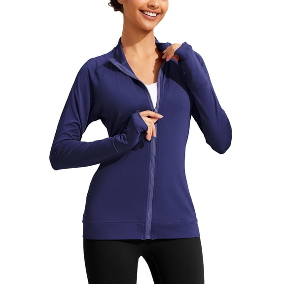 PINSPARK Lightweight Workout Jacket for Women Full Zip Slim Fit Athletic Running Jacket with Thumb Holes Zipper Pockets