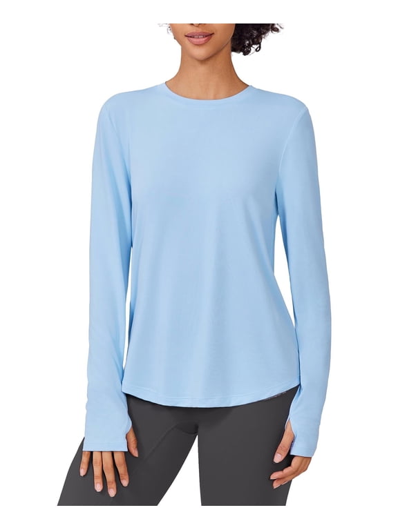 Long Sleeve Workout Shirts for Women UPF Sun Protection Quick Dry Lightweight Yoga Golf Travel Hiking Shirts Light Blue L