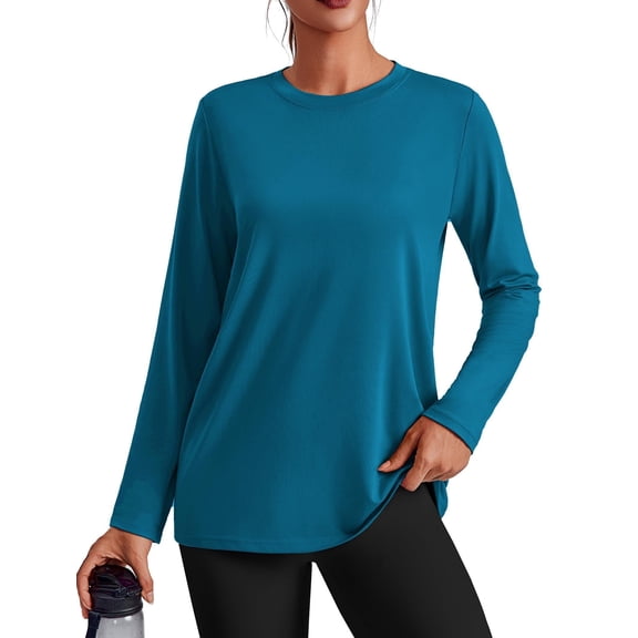 PINSPARK Long Sleeve Workout Tops for Women Solid Athletic Shirts Lightweight Yoga Shirt Stretchy Running Top Loose Fit Dark Blue S