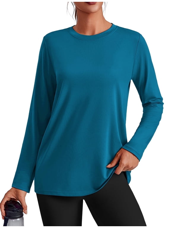Long Sleeve Workout Tops for Women Solid Athletic Shirts Lightweight Yoga Shirt Stretchy Running Top Loose Fit Dark Blue XL