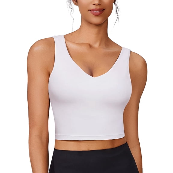PINSPARK Sports Bras Athletic Built in Bra Tank Tops for Women Longline V Neck Padded Workout Crop Top V Back X-Large