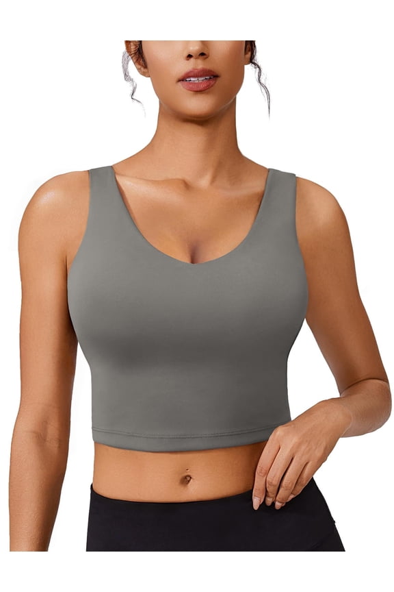 Womens Sport Bras Athletic Tank Tops Padded Yoga Tops with Built in Bras Soft Wirefree V Neck Workout Tank Light Support Longline Wide Straps