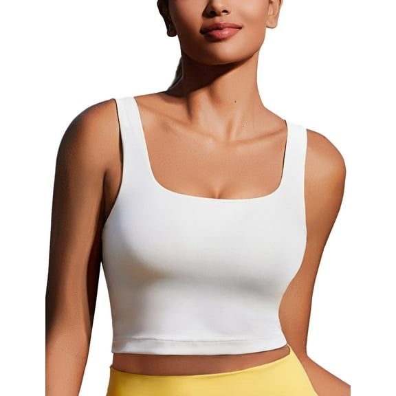 PINSPARK Longline Sports Bras for Women Workout Tanks Soft Square Neck Padded Crop Top Yoga Tank Tops Built in Bra