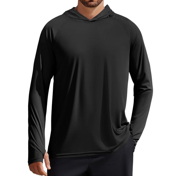 PINSPARK Men's UPF 50  Long Sleeve Rash Guard - Sun Protection Hoodie UV SPF Fishing Shirt for Athletic Running Swim Hiking Black M