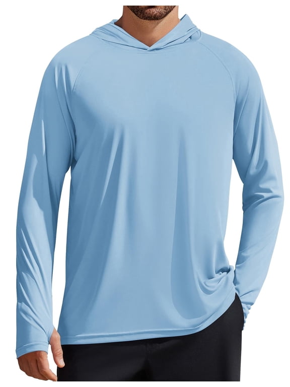 Men's UPF 50+ Long Sleeve Rash Guard - Sun Protection Hoodie UV SPF Fishing Shirt for Athletic Running Swim Hiking Light Blue M