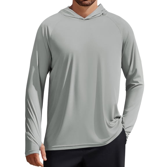 PINSPARK Men's UPF 50  Long Sleeve Rash Guard - Sun Protection Hoodie UV SPF Fishing Shirt for Athletic Running Swim Hiking Light Gray M