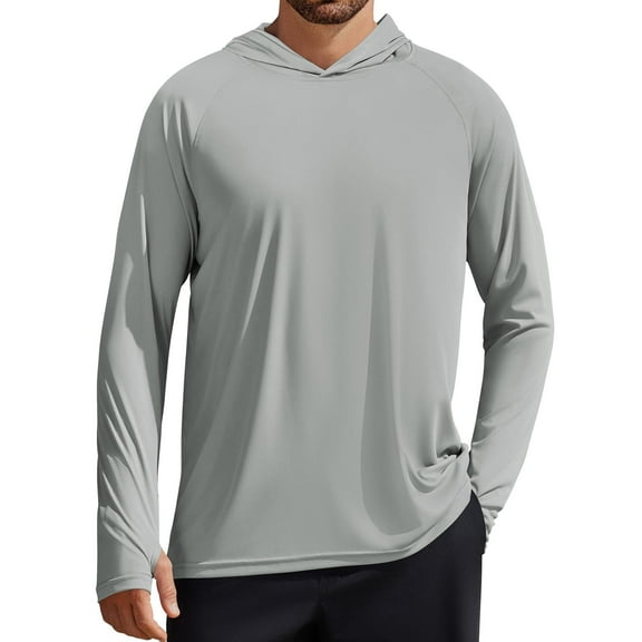 PINSPARK Men's UPF 50  Long Sleeve Rash Guard - Sun Protection Hoodie UV SPF Fishing Shirt for Athletic Running Swim Hiking Light Gray XXL