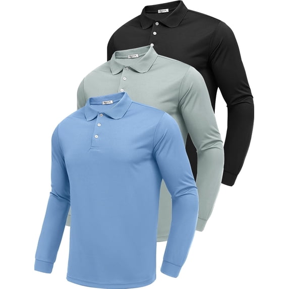 Pinspark 3 Pack Men's Long Sleeve Golf Polo Shirts Athletic Casual Travel Performance Collar Shirts Lightweight Quick Dry