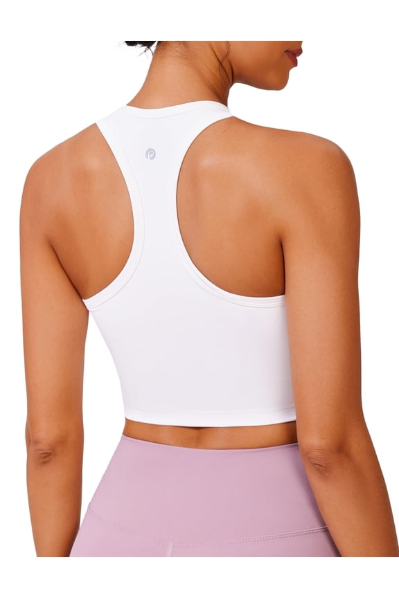Racerback White Sports Bras for Women Wireless Padded Workout Tank Tops U Neck Longline Yoga Tops Built in Bra Light Support X-Small