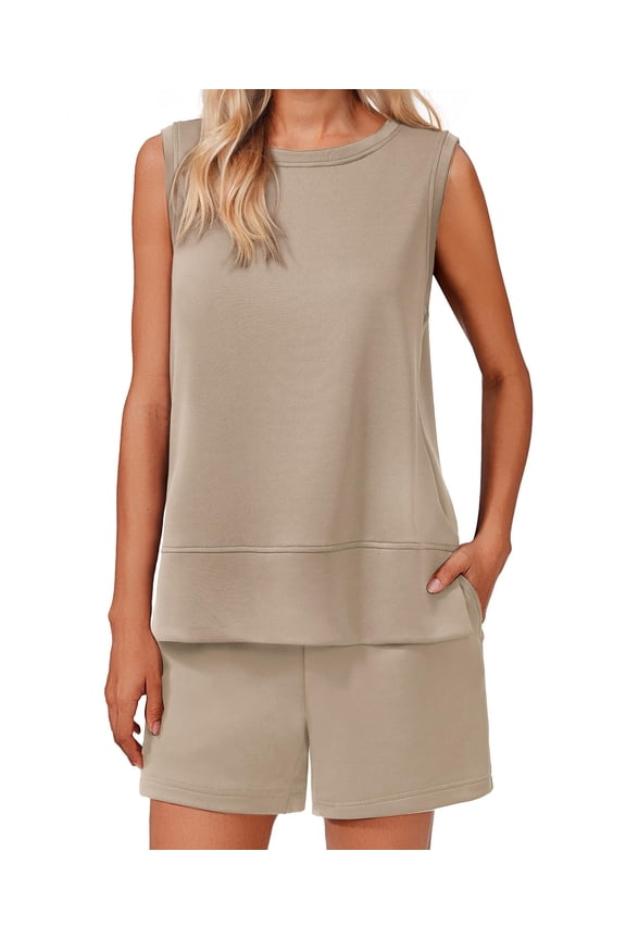 2 Piece Sets for Women Summer Sleeveless Sweatshirt Stretchy Drawstring Shorts Crew Neck Matching Sets Airport Travel Outfit