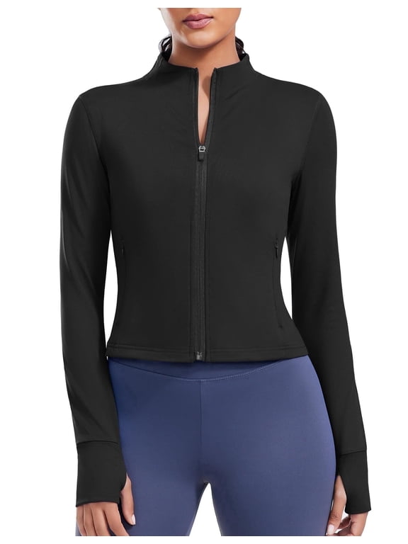 Women's Running Workout Athletic Jackets Lightweight Long Sleeve Yoga Jacket Cropped Zip Up Active Jacket with Pockets