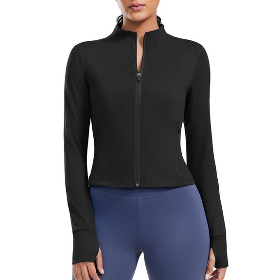 PINSPARK Women's Running Workout Athletic Jackets Lightweight Long Sleeve Yoga Jacket Cropped Zip Up Active Jacket with Pockets