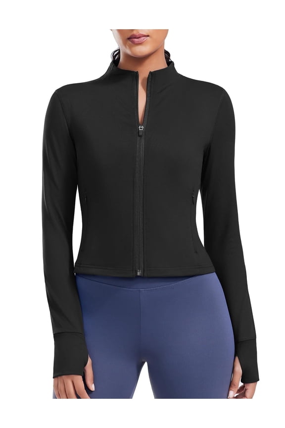 Women's Running Workout Athletic Jackets Lightweight Long Sleeve Yoga Jacket Cropped Zip Up Active Jacket with Pockets